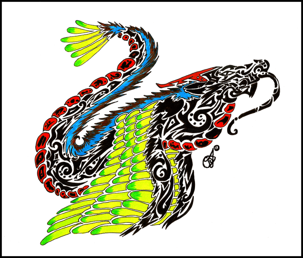 A tribal dragon tattoo makes