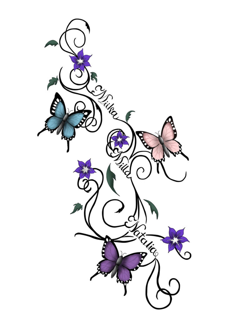 Flowers and Butterfly Vine Tattoo Design