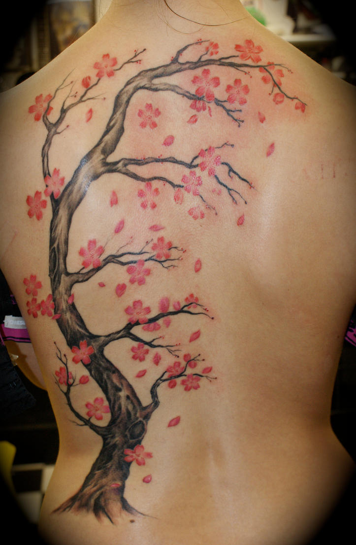 Women Back Piece Japanese Cherry Blossom Tattoo Picture 5