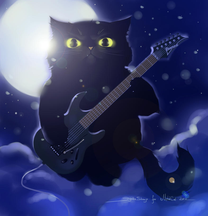 cat playing guitar by moon